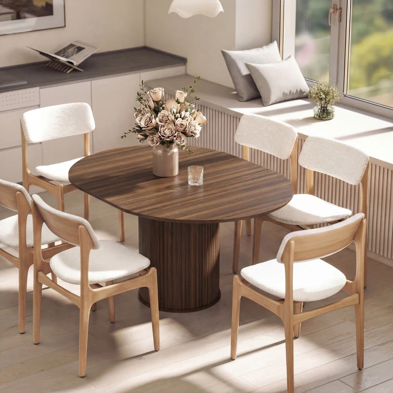 HOMCOM Extendable Kitchen Table for 6-8, 43.5"-59" Farmhouse Dining Table with Pedestal Base Walnut Wood Grain