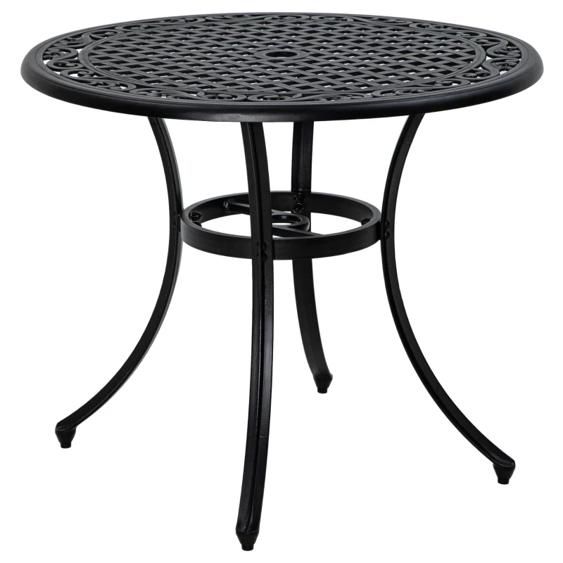 Outsunny 35.5" Round Outdoor Dining Table for 2-4, Cast Aluminum Garden Patio Table with 2" Umbrella Hole, Grid Top, Black