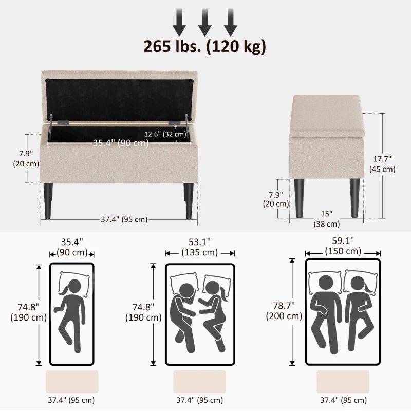 HOMCOM Modern Storage Bench, Ottoman with Storage and Lamb's Wool Upholstery for Living Room, Bedroom, Cream White