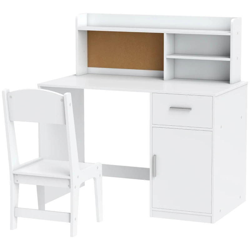 Qaba Kids Desk and Chair Set, Kids Study Table and Chair Set with Storage Hutch, Drawer, Cabinet, Compartments, Cork Board