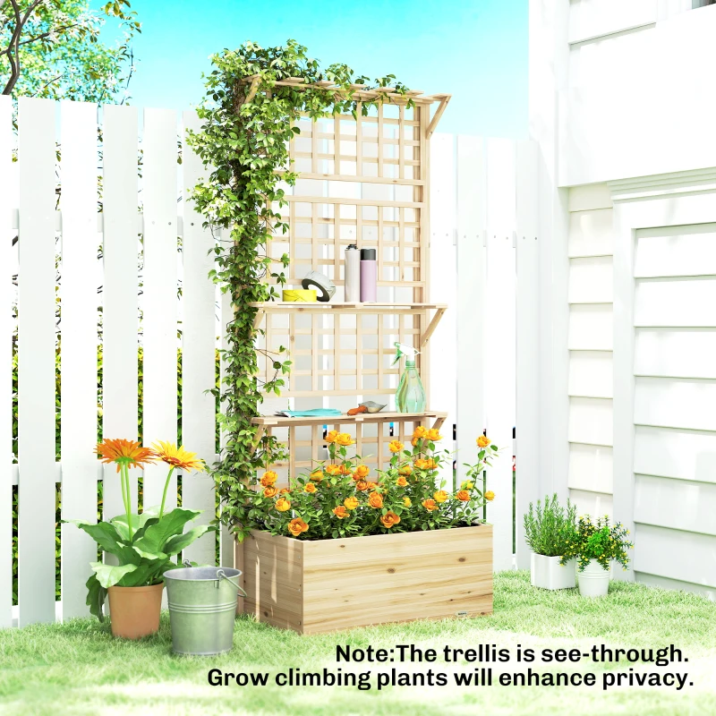 Outsunny Wooden Raised Garden Bed with Trellis and Roof, Elevated Planter Box with 2 Shelves, Drainage Hole and Liner, Natural