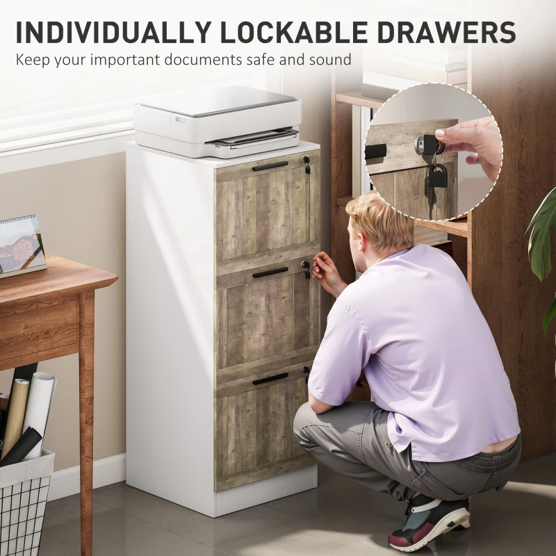 HOMCOM 3 Drawer Filing Cabinet, Farmhouse File Cabinet with Lock, Adjustable Hanging Rails for A4 Letter Size Files, White
