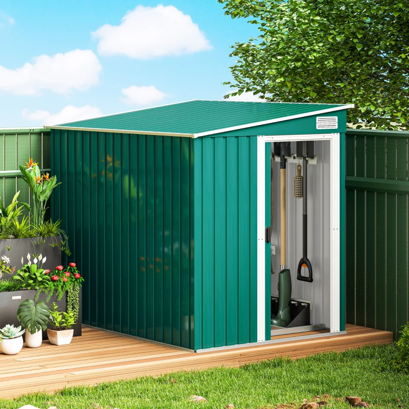 Outsunny 5'x7' Lean to Galvanized Metal Shed with Foundation, Garden Tool Storage House with Sliding Door and 2 Vents, Green