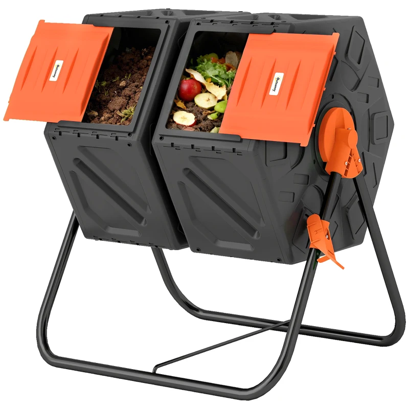 Outsunny Rotating Composter, Dual Chamber Compost Bin with 24 Vents and Steel Legs, 34.5 Gallon, Orange
