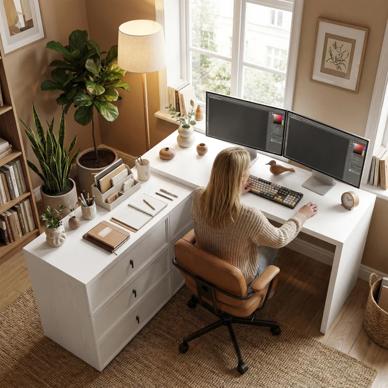 HOMCOM L Shaped Computer Desk Home Office Desk with 6 Drawers White Wood Grain