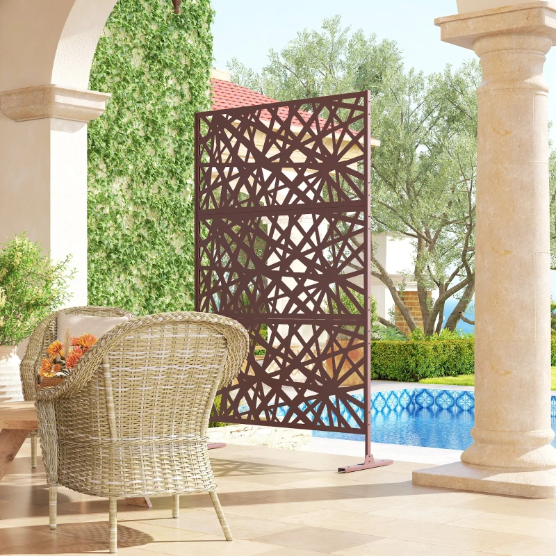 Outsunny Metal Outdoor Privacy Screen, Freestanding Outdoor Divider with Stand, 78" x 48", Dark Brown