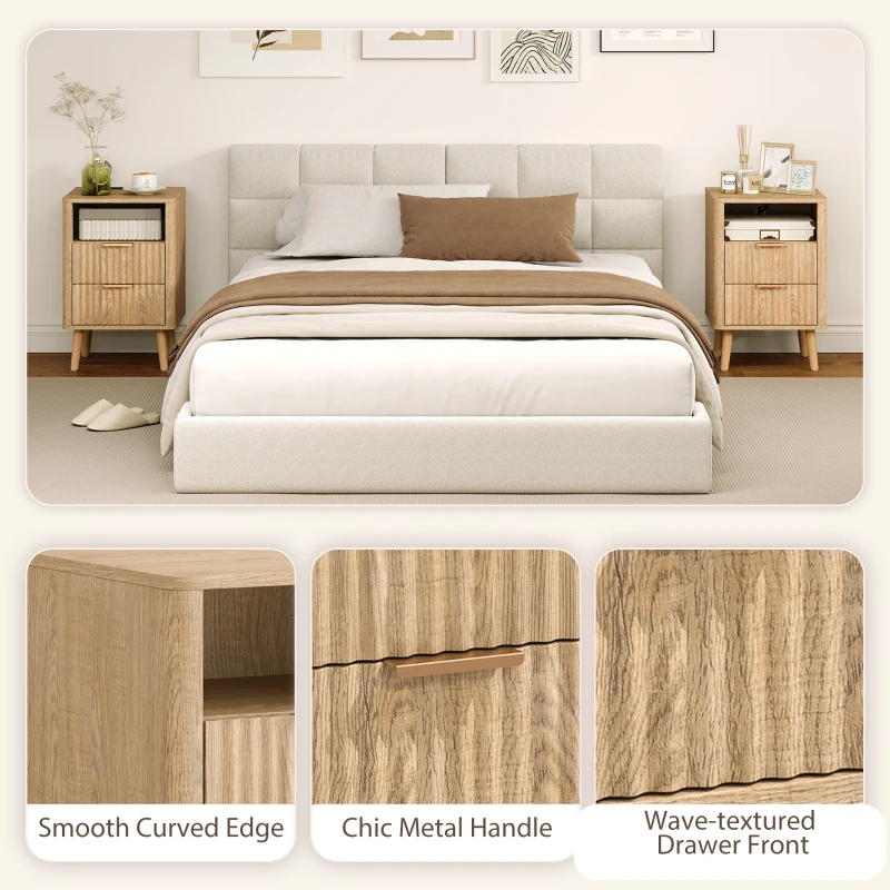 HOMCOM Nightstands Set of 2, Modern Bedside Tables with Charging Station, 2 Drawers and Open Shelf, Oak