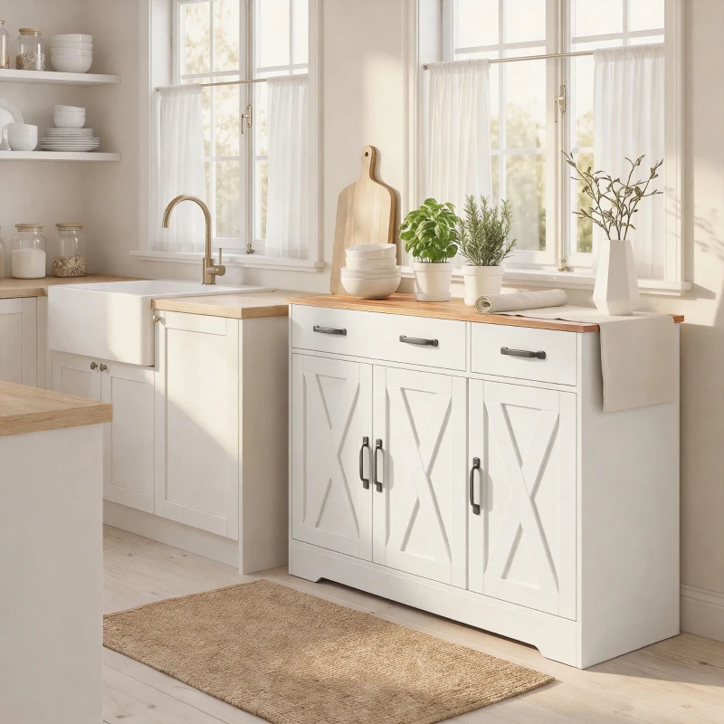 HOMCOM Sideboard Buffet Cabinet, 43" Farmhouse Kitchen Cabinet with 3 Barn Doors, 2 Drawers, 2 Adjustable Shelves, White