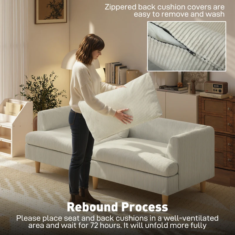 HOMCOM 3 Seater Sofa, 74" Modern Corduroy Upholstered Couch with Thick Spring Cushions, Solid Wood Legs, Armrests, Beige