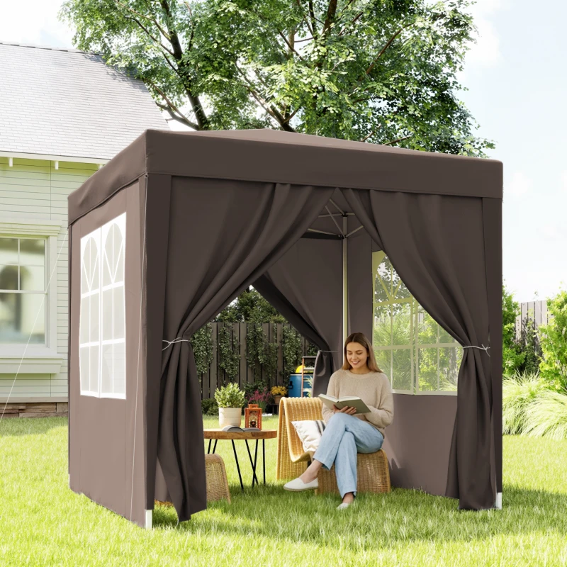 Outsunny 6.6'x6.6' Pop Up Canopy Tent with Sidewalls, Instant Sun Shelter Camping Gazebo with Carry Bag, Coffee