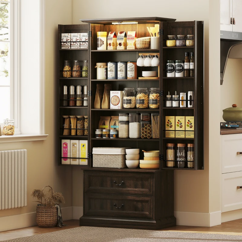 HOMCOM 72" LED Kitchen Pantry Cabinet, Buffet Storage Cabinet with 10 Door Shelves, 2 Drawers and Adjustable Shelves, Brown