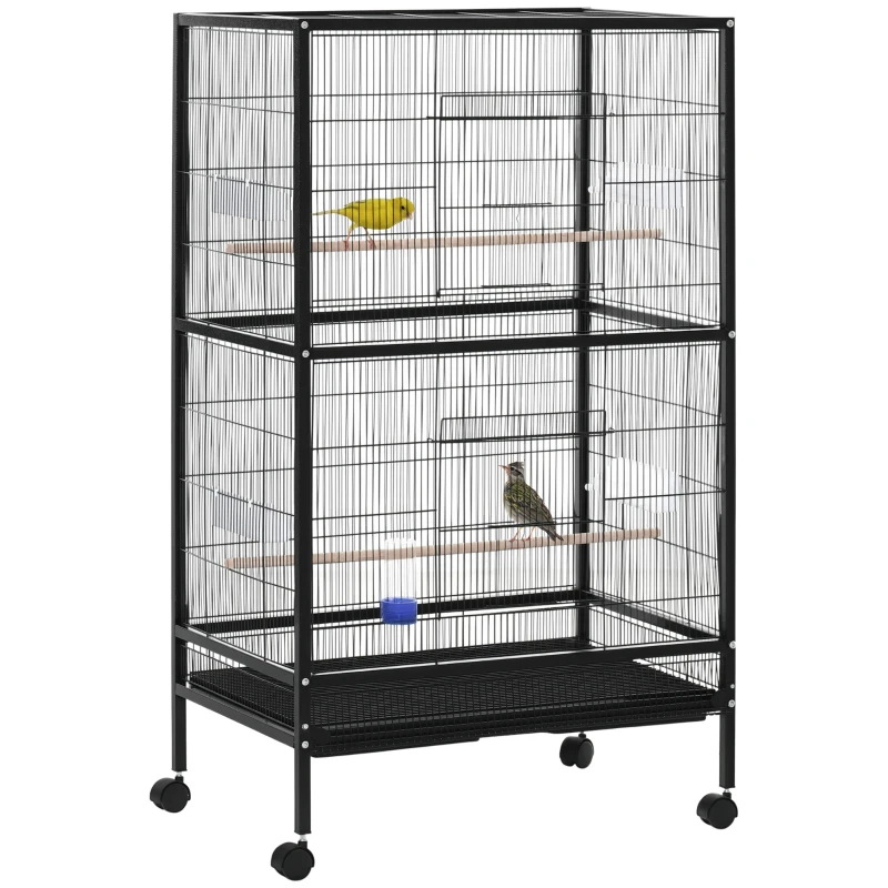 PawHut Bird Cage Conure Parrot Budgie Cage with Bird Perch & Wheels, Black