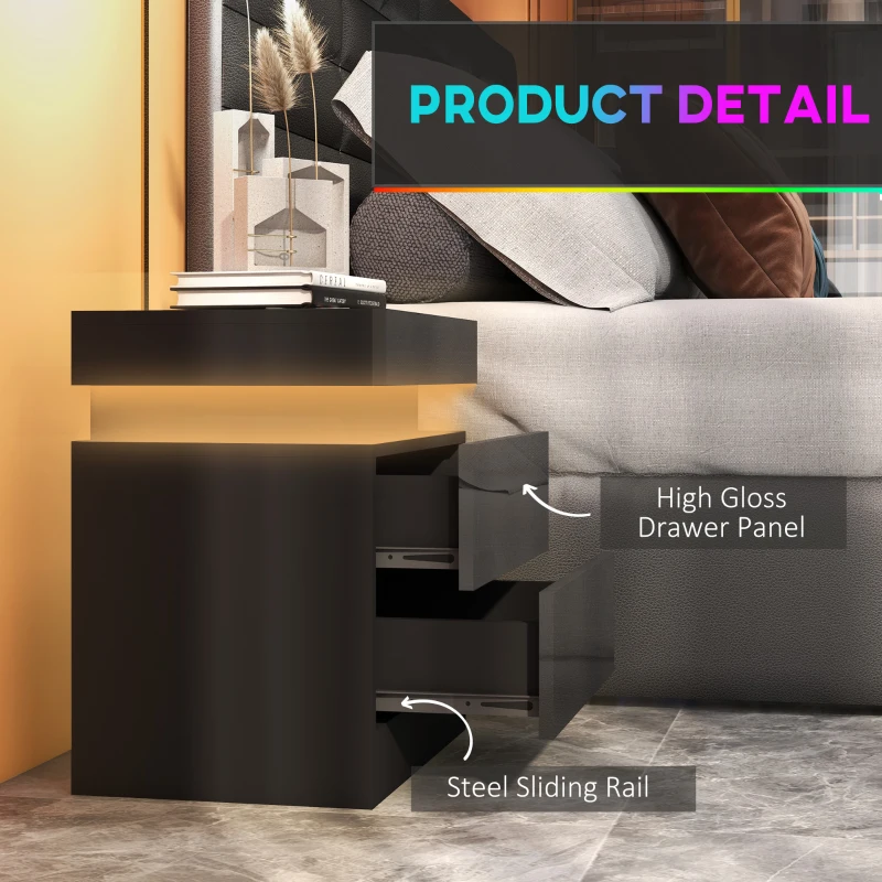 HOMCOM Nightstand, Bedside Table with LED Lights and 2 Drawers for Bedroom, Living Room, Black