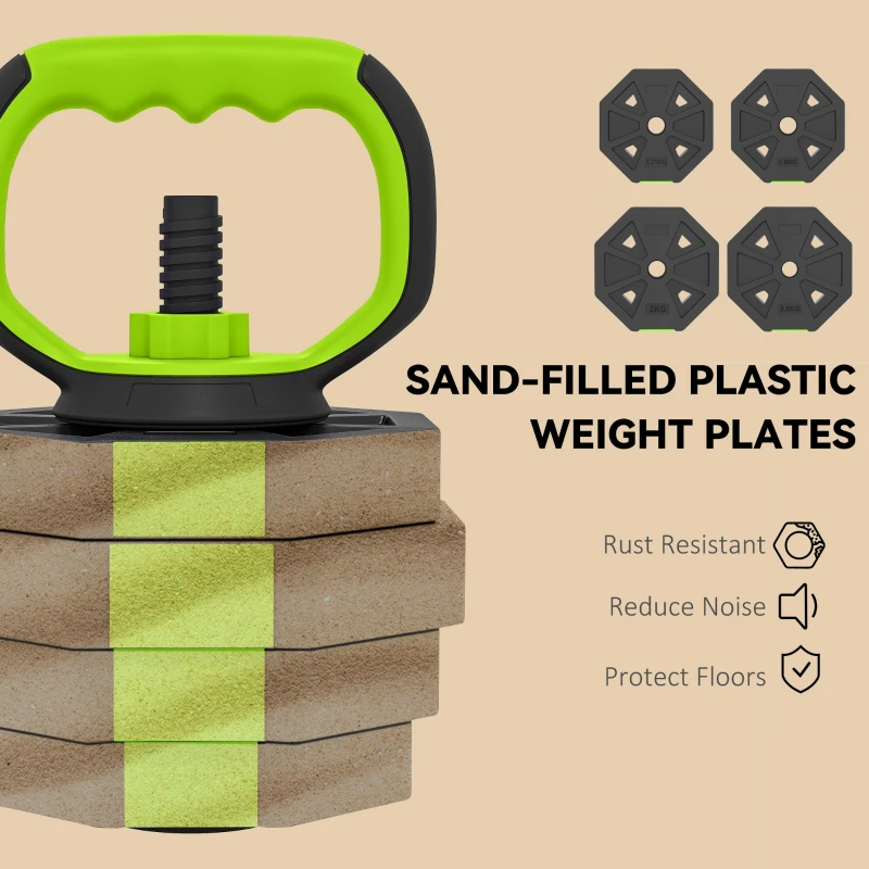 Soozier 6-in-1 Adjustable Dumbbell Set, Used as Kettlebell, Barbell, Dumbbell, Push-Up Stand, 66lbs Free Weights Set, Green