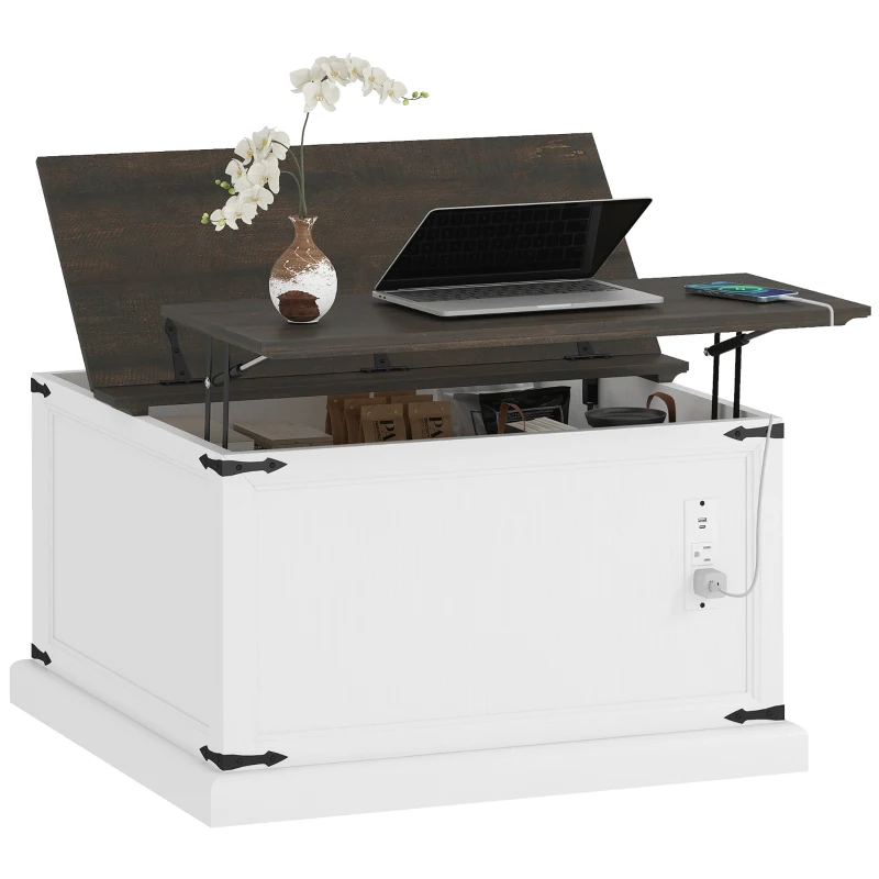 HOMCOM Lift Top Coffee Table with Charging Station, Square Farmhouse Center Table with Hidden Storage, White Wood Grain