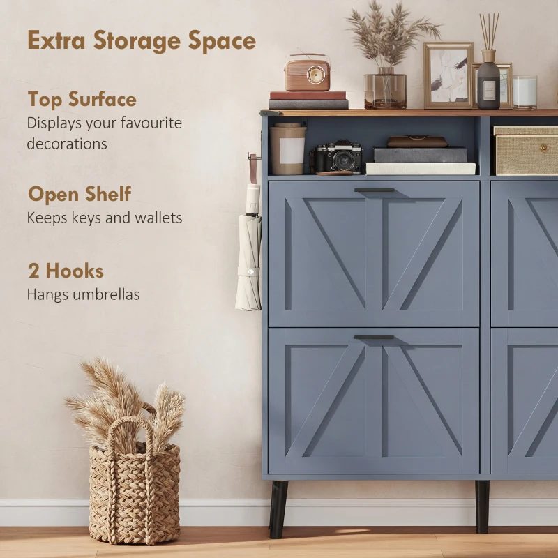 HOMCOM Shoe Storage Cabinet with 4 Flip Drawers, Farmhouse Narrow Shoe Cabinet, Holds Up to 24 Pairs, Blue