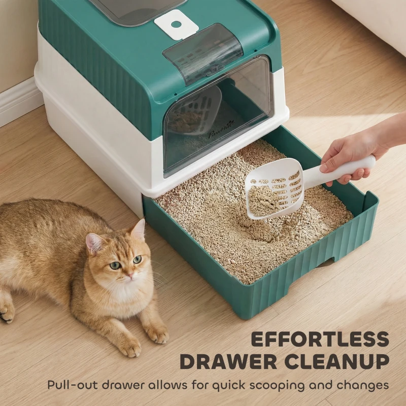 PawHut Cat Litter Box Hooded Cat Litter Tray with Drawer Pan Front Entry & Top Exit Easy Cleaning Teal