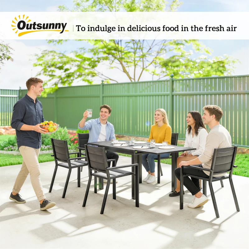 Outsunny Patio Dining Set for 6, Aluminum Expandable Outdoor Table and 6 Stackable Chairs with Padded Back, Mesh Seat, Black