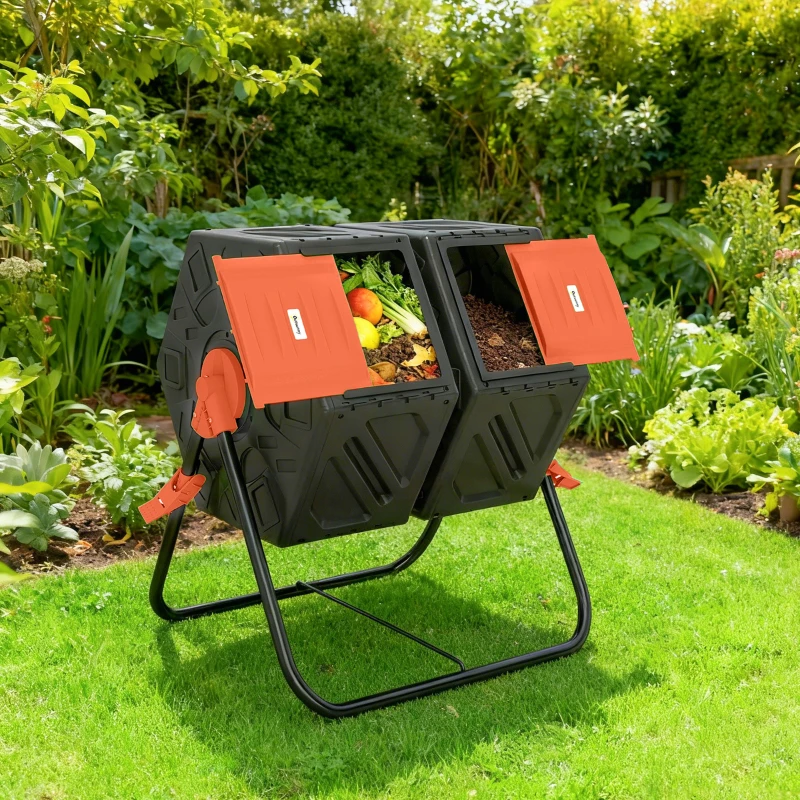 Outsunny Rotating Composter, Dual Chamber Compost Bin with 24 Vents and Steel Legs, 34.5 Gallon, Orange