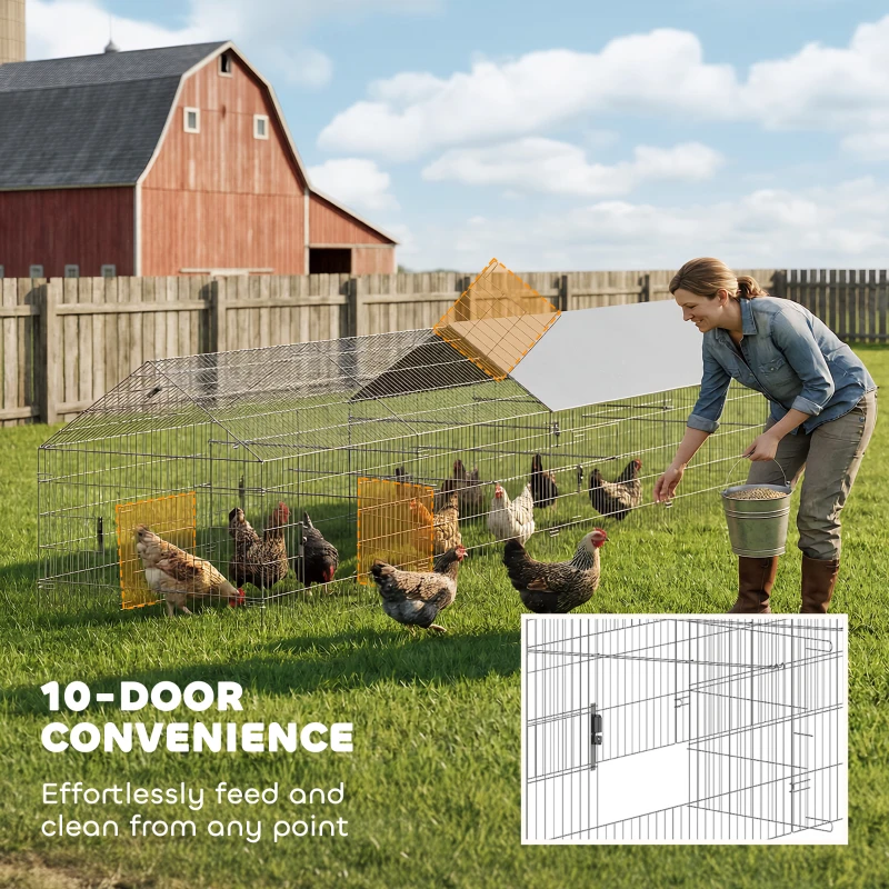 PawHut Metal Chicken Coop, Large Chicken Run with Water-Resistant & Anti-UV Cover for 7-9 Hens, Outdoor Hen House with 10 Doors