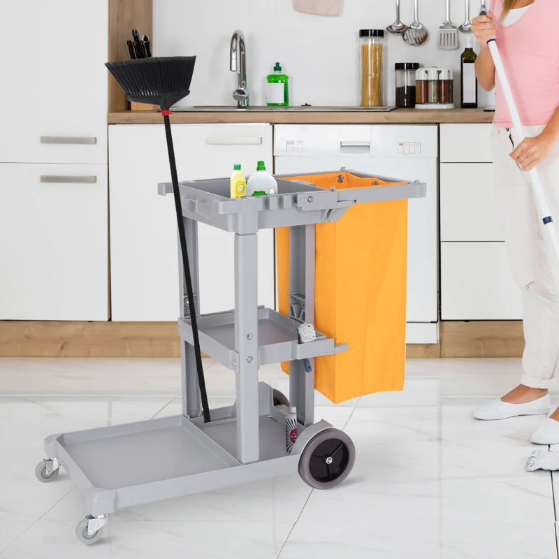 HOMCOM Janitorial Cart with 3 Shelves, Cleaning Cart on Wheels with Rubbish Bag and Mop Holders for Hotel, Housekeeping, Grey