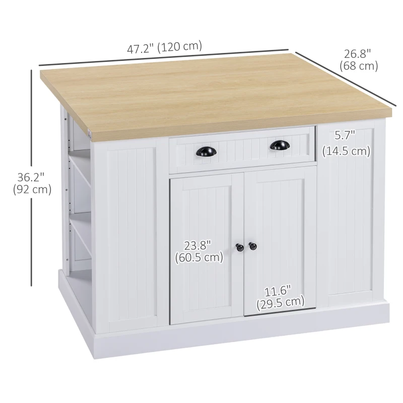 HOMCOM 36" Fluted-Style Wooden Kitchen Island with Storage Cabinet and Drawer, Butcher Block Island for Dining Room, White