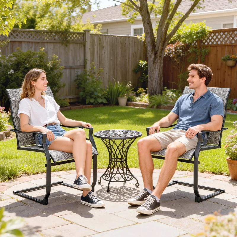 Outsunny C Spring Motion Patio Chairs Set of 2 with Curved High Backrest, Armrest, All Weather Breathable Fabric, Metal Frame