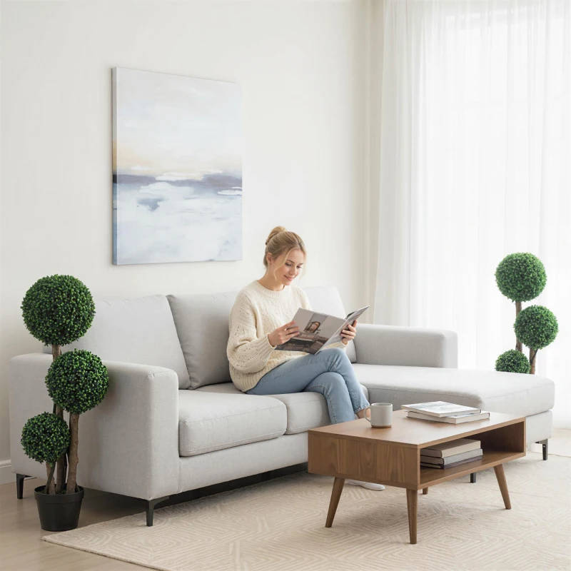 HOMCOM 35 Inch Potted Fake Plant Set of 2, Artificial Boxwood Topiary Tree, Triple Ball Tree for Indoor and Outdoor, Green