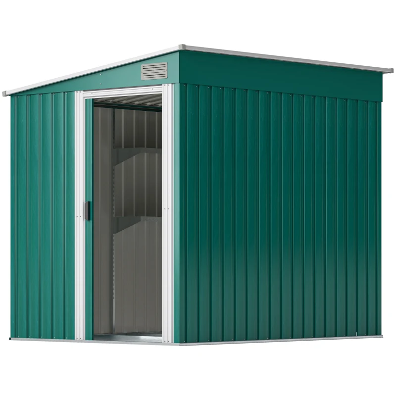 Outsunny 5'x7' Lean to Galvanized Metal Shed with Foundation, Garden Tool Storage House with Sliding Door and 2 Vents, Green