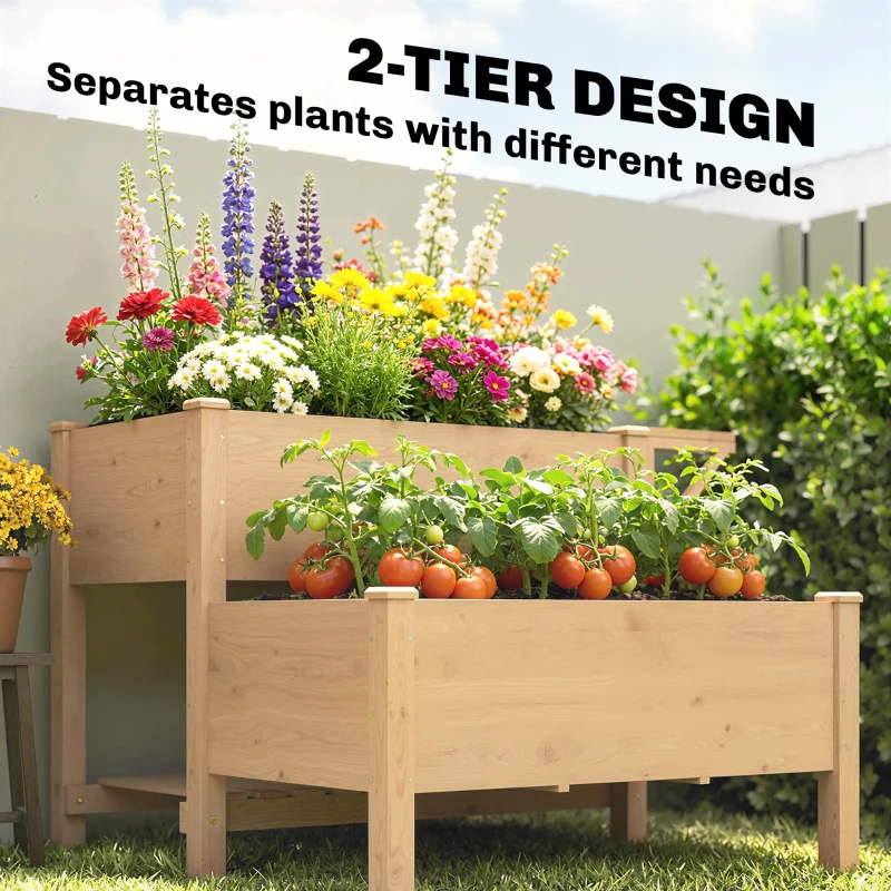 Outsunny Wooden Raised Garden Bed, 2-Tier Raised Planter with Storage Shelf, Side Board, Drainage Holes and Liner