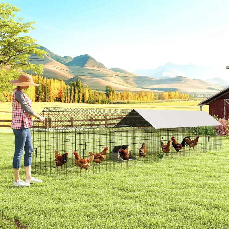 PawHut Metal Chicken Coop, Large Chicken Run with Water-Resistant & Anti-UV Cover for 7-9 Hens, Outdoor Hen House with 10 Doors
