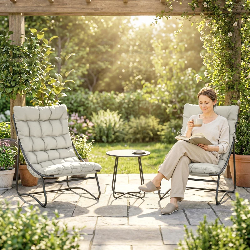 Outsunny 3 Piece Outdoor Bistro Set, Round Patio Table and Chairs Set for 2 with Breathable Mesh Seat and Cushions, Light Grey