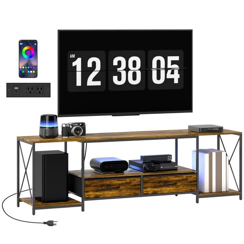 HOMCOM Industrial TV Stand for up to 60 Inch TV, TV Console with Charging Station and RGB LED Lights, Rustic Brown