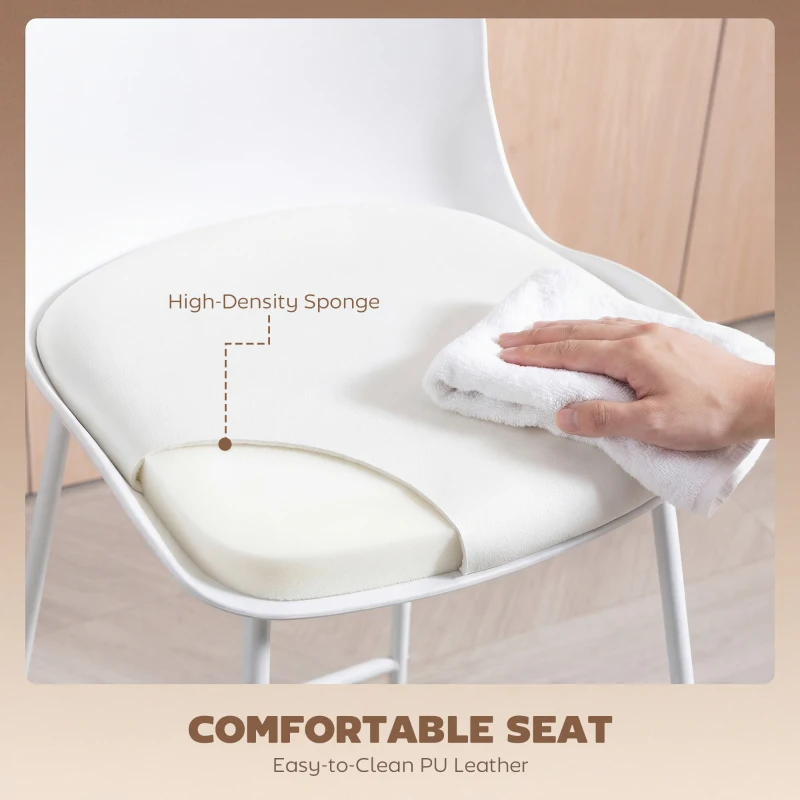 HOMCOM Modern Bar Stools Set of 2, PU Leather Barstools, Counter Height Kitchen Chairs for Breakfast Bars, Dining Room, White