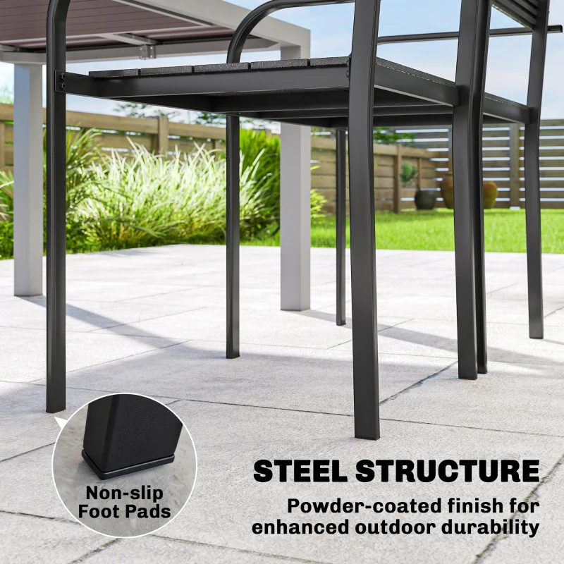 Outsunny Stackable Patio Chairs Set of 4, Outdoor Dining Chairs with Slatted HDPE Seat, Armrests for Garden, Backyard, Black