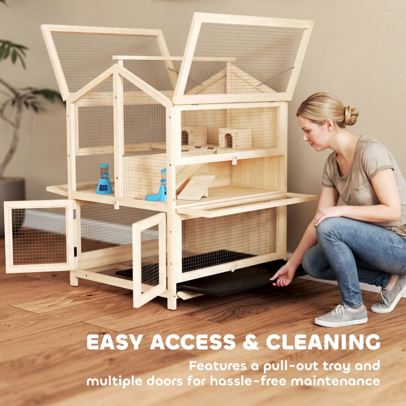 PawHut Wooden Hamster Cage, Large 3 Tier Hamster Cage w/ Pull-Out Tray, Openable Top, Hut, Seesaws, 26.8"L x 24.2"W x 35.4"H