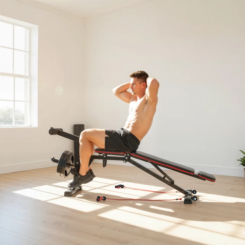 Soozier Adjustable Weight Bench with Wheels, Load 660LBS Workout Bench with Leg Extension, Preacher Curl and Resistance Bands