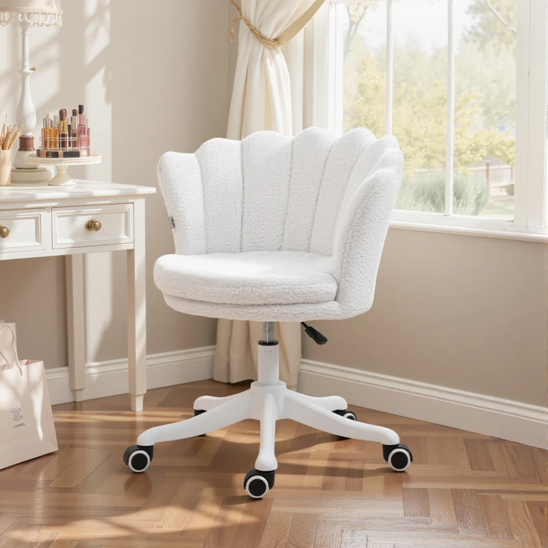 HOMCOM Adjustable Height Study Chair, Mid Back Berber Fleece Office Chair with Swivel Wheels, Study, White