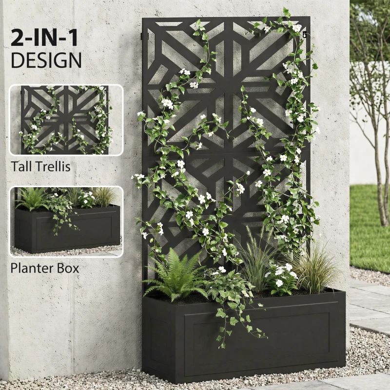 Outsunny Metal Raised Garden Bed with Trellis for Climbing Plants, Freestanding or Wall Mounted Flower Bed with Privacy Panel