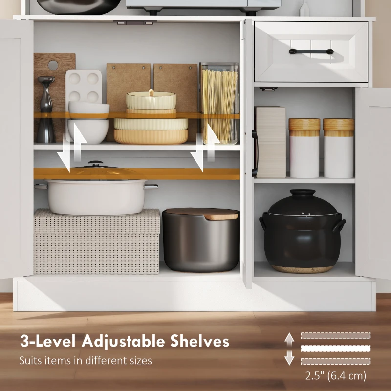 HOMCOM 71" Pantry Cabinet with Charging Station, Kitchen Storage Cabinet with Microwave Stand, Adjustable Shelves, White