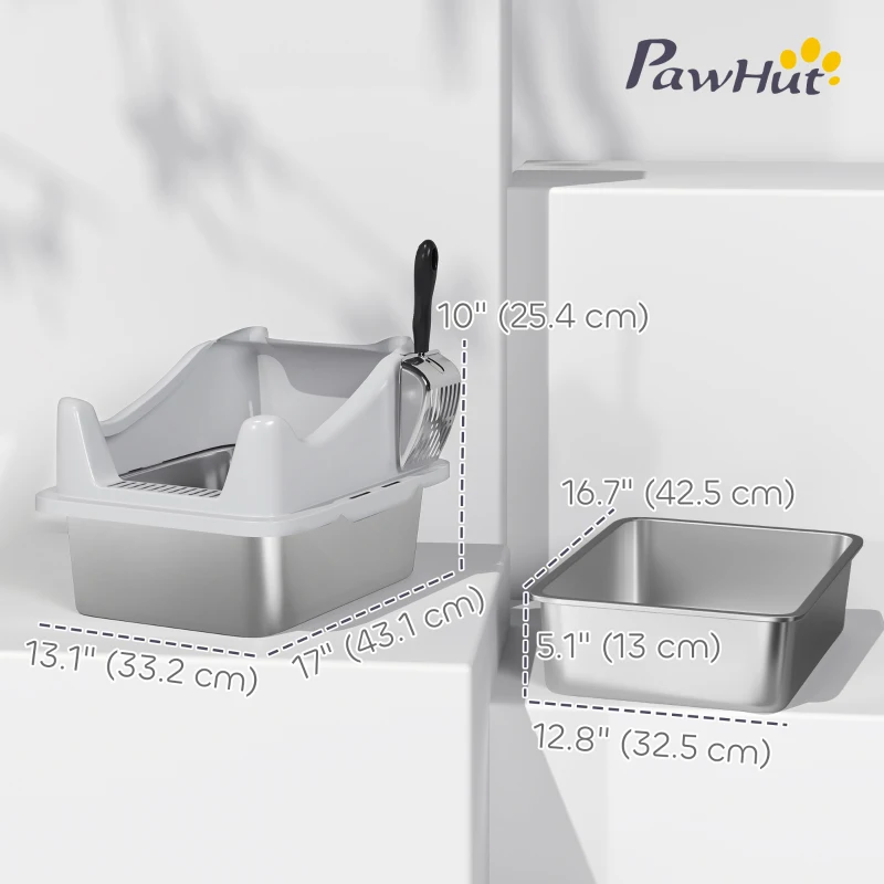 PawHut Cat Litter Box Stainless Steel with Metal Litter Scoop, Never Absorbs Odors, Anti Leakage, 17" x 13" x 10", Grey