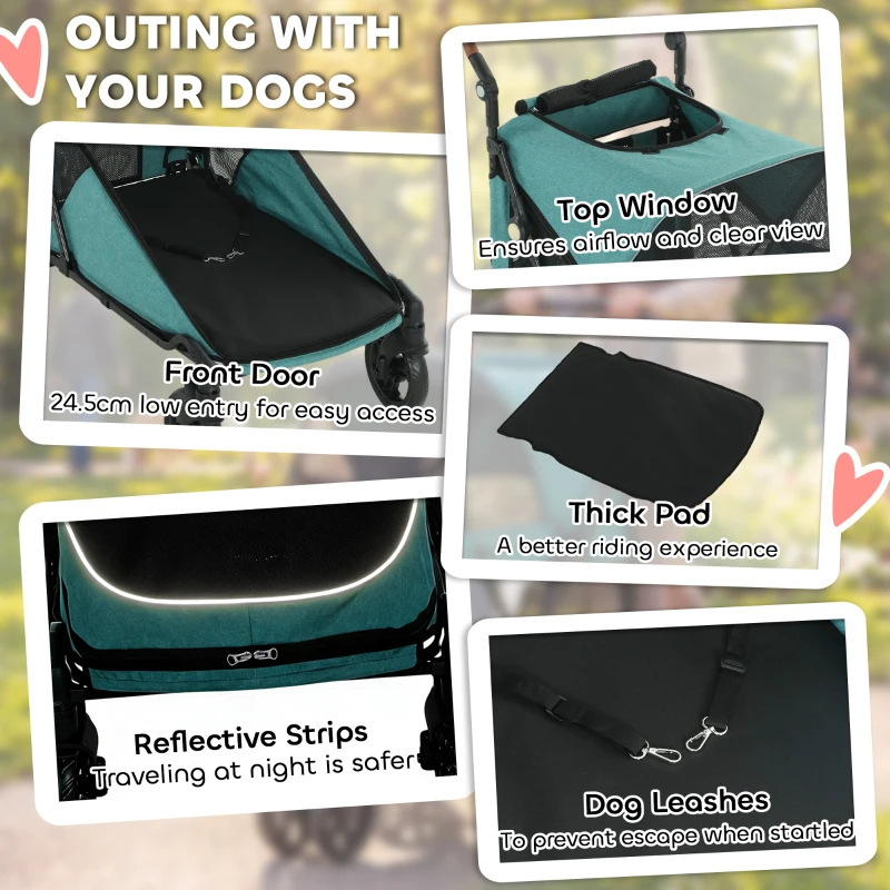 PawHut Dog Stroller for Large Dogs Up to 66 LBS with All-Terrain Spring Suspension, 8-Position Adjustable Handle, Teal