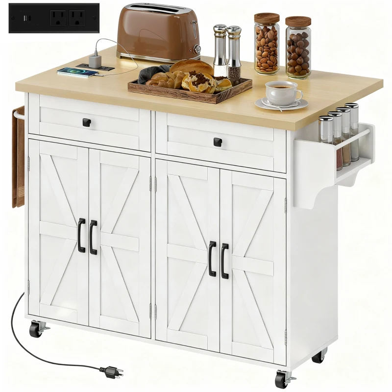 HOMCOM Kitchen Island with Storage, Rolling Kitchen Cart with Charging Station, Drop Leaf, Spice Rack, Towel Rack, Drawers
