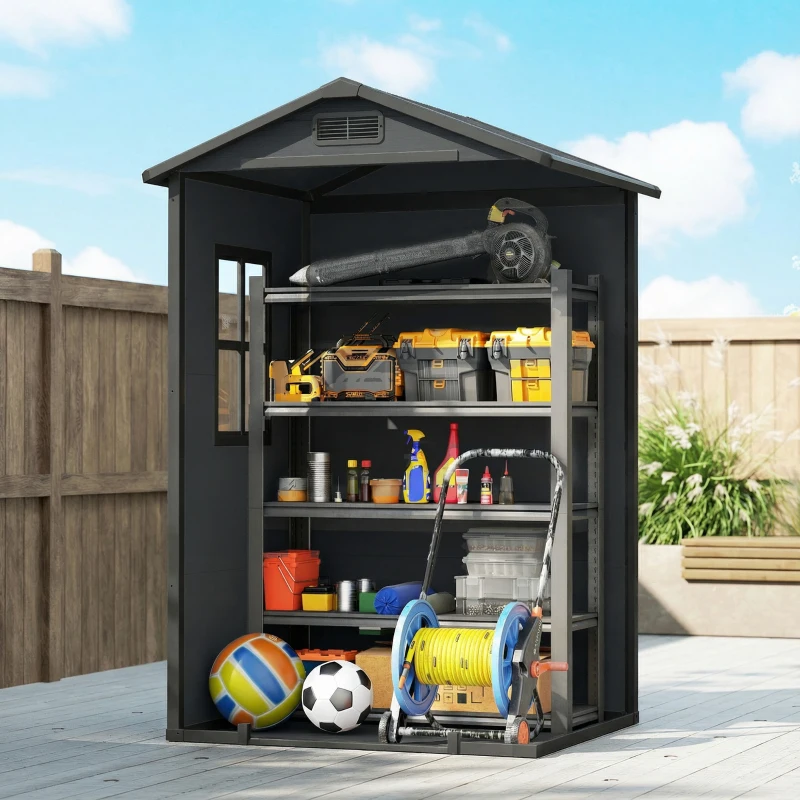Outsunny 4' x 3' Plastic Garden Shed with Floor, Outdoor Small Shed with Lockable Door, Window and Vent, Dark Grey