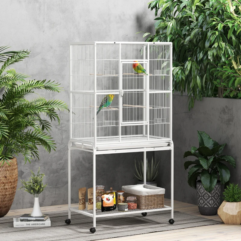 PawHut 64" Large Rolling Bird Cage Bird House with Detachable Rolling Stand, Storage Shelf, Wood Perch Food Container, White