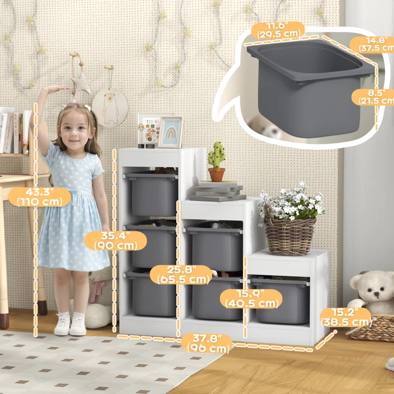 Qaba 3 Layers Toy Storage Organizer Kids Bookshelf Children Toy Storage w/ 6 Plastic Bins, Grey