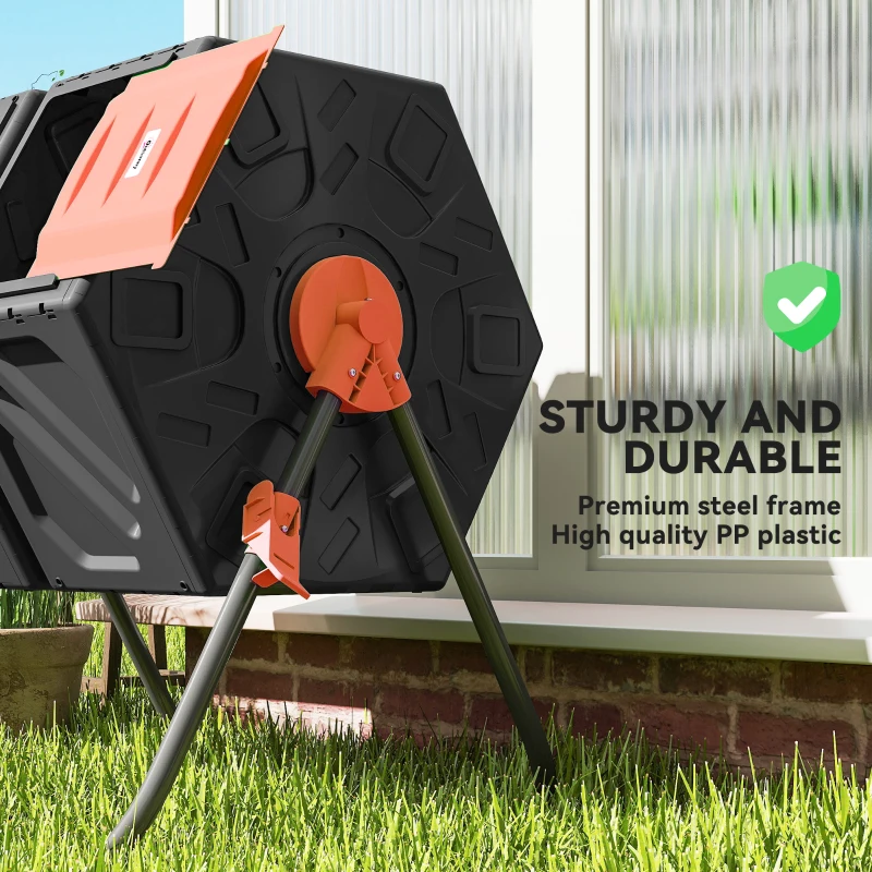 Outsunny Rotating Composter, Dual Chamber Compost Bin with 24 Vents and Steel Legs, 34.5 Gallon, Orange