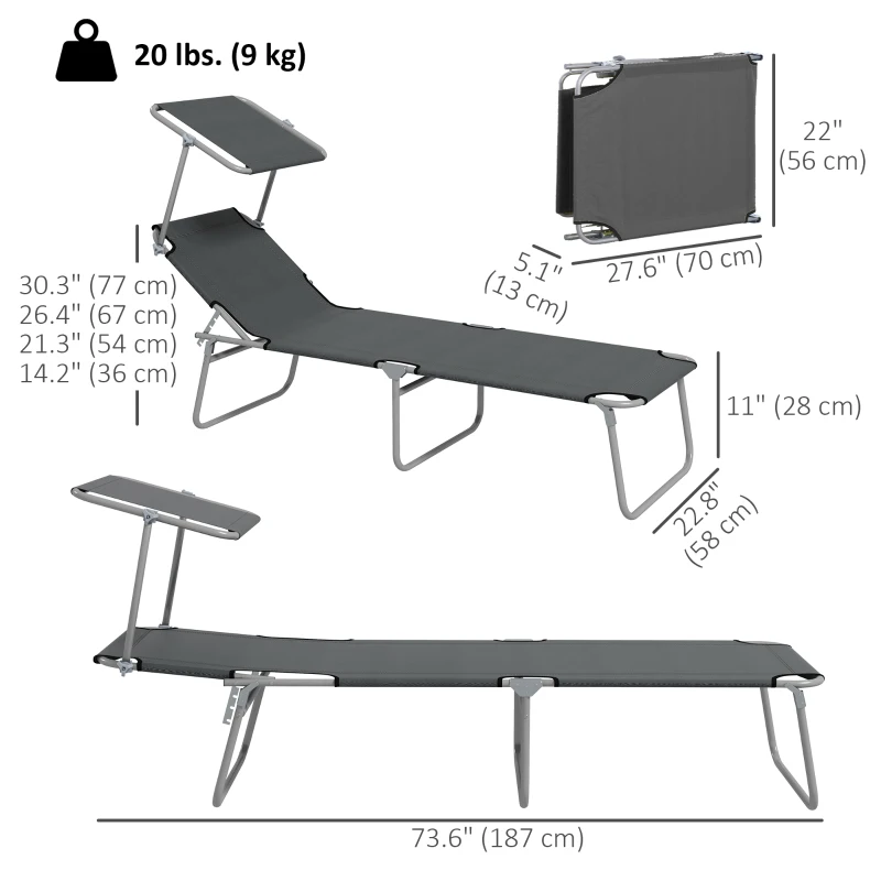 Outsunny 2Pcs Outdoor Lounge Chair, Adjustable Folding Chaise Lounge with Sun Shade for Beach, Camping, Hiking, Grey