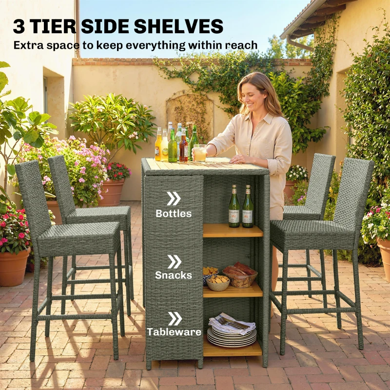Outsunny 5 Piece Wicker Outdoor Bar Set, Acacia Wood Outdoor High Top Table and Chairs with 3 Tier Shelves, Cushions, Gray