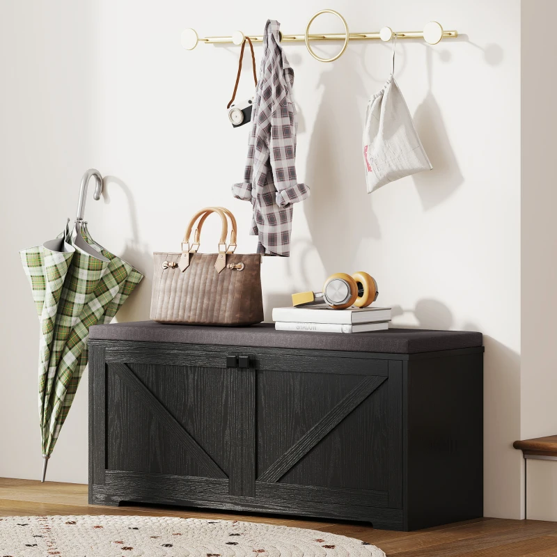 HOMCOM Shoe Storage Bench with Padded Seat, Entryway Bench Holds up to 352 lb, Shoe Organizer, 8 Pairs, Black Wood Grain